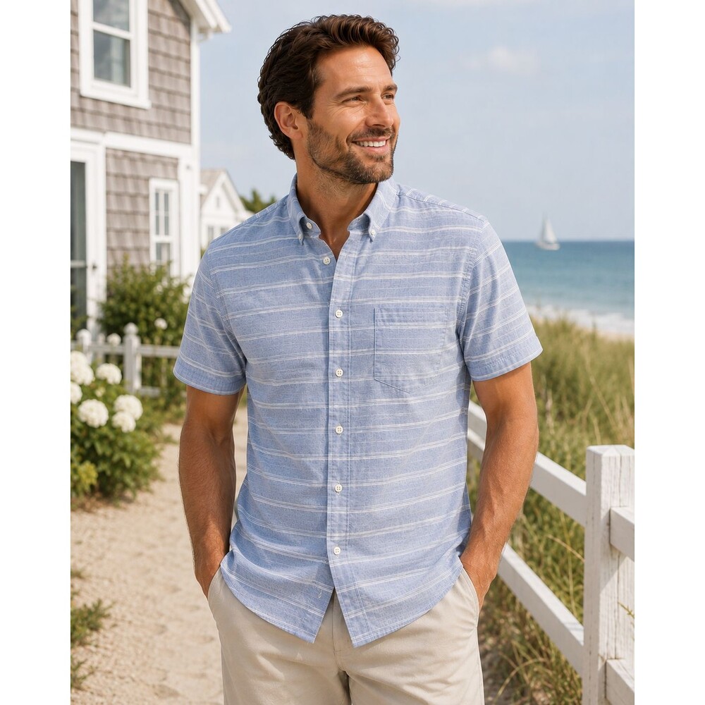 UNTUCKit Rueda Striped 100% Cotton Short Sleeve Shirt Blue White M Nautical